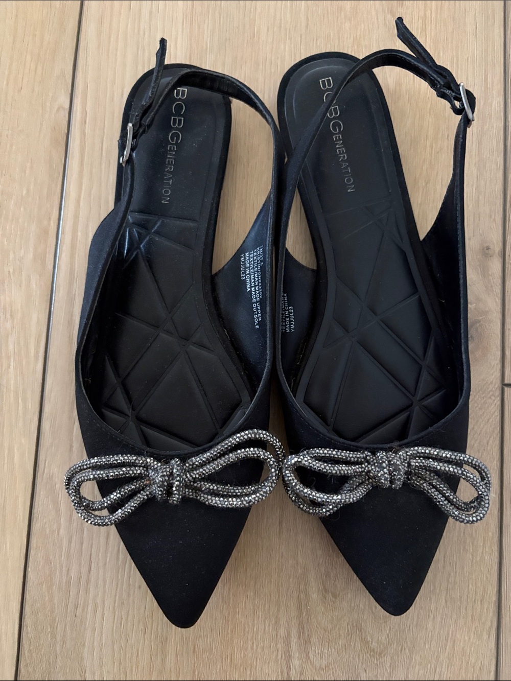 BCBGeneration Black Pointed Slingback Flats with Embellished Bow
